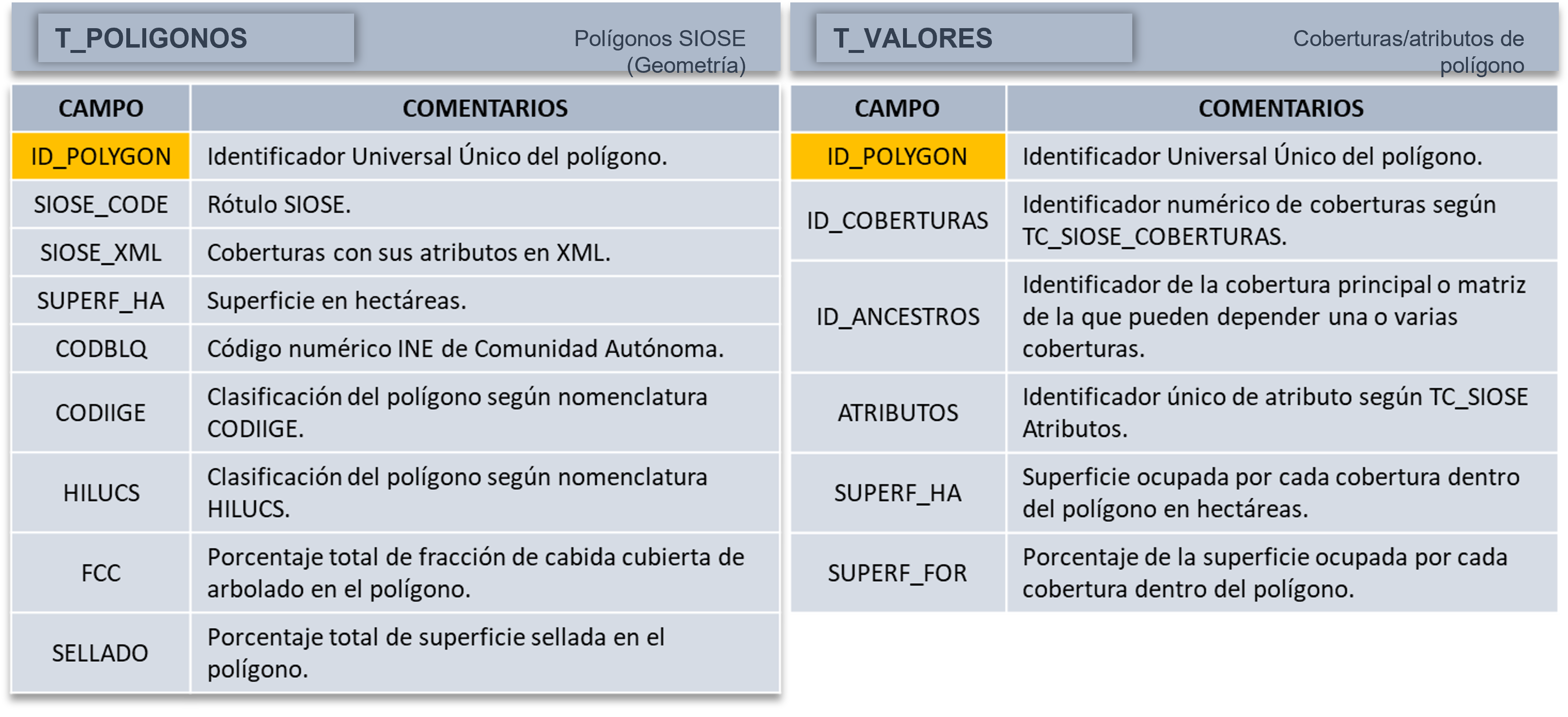 Tablas T_POLIGONOS y T_VALORES