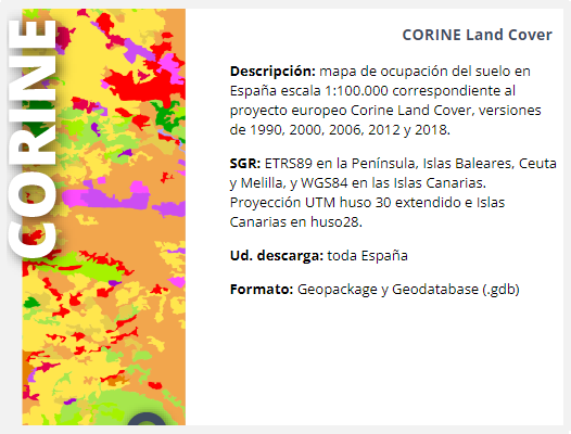 Enlace a centro de descargas con filtro CORINE Land Cover